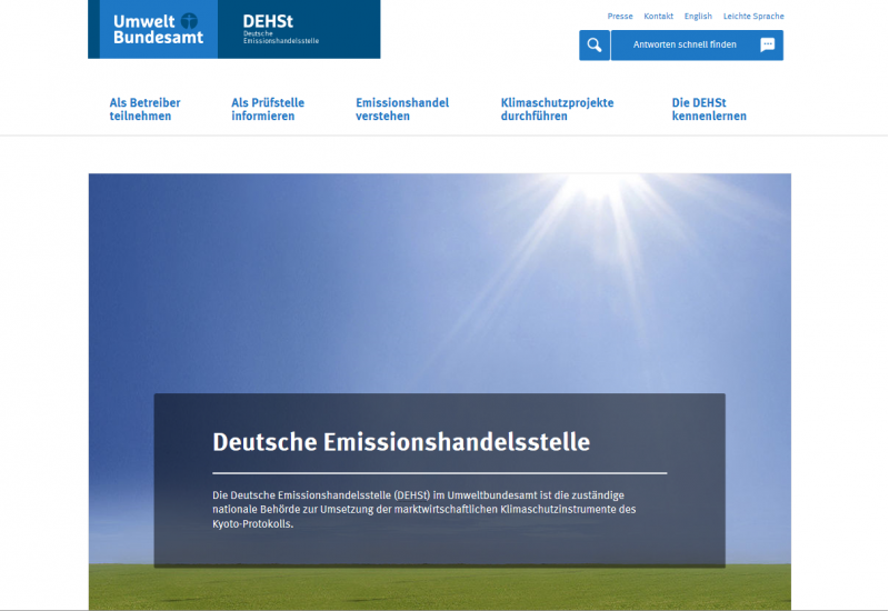 Screenshot Startseite der Website der deutschen Emissionshandelsstelle