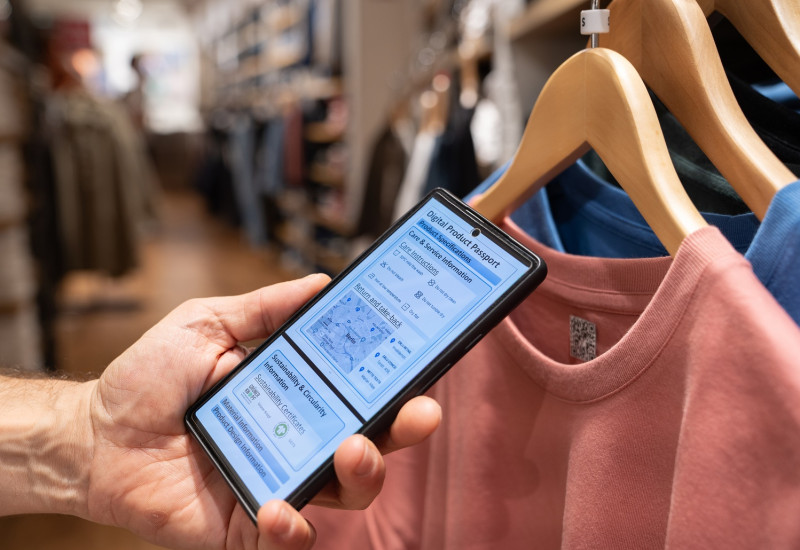 After scanning a QR code on a sweater, a smartphone displays information about the product