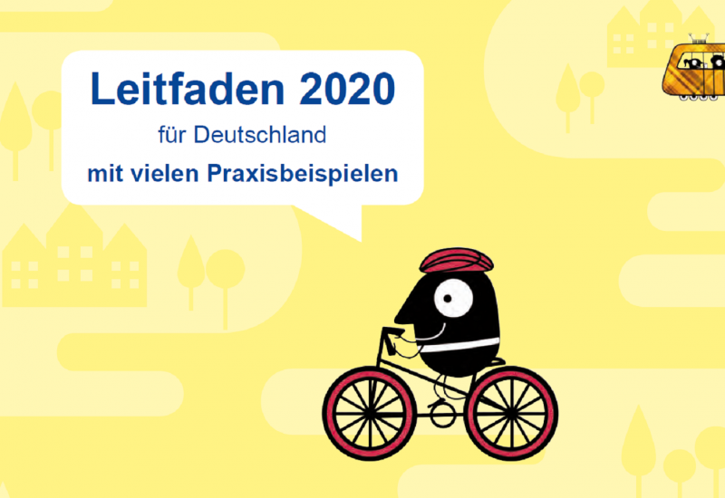 Die Titelseite der Broschüre mit der Aufschrift "Leitfaden 2020 für Deutschland mit vielen Praxisbeispielen" und den Piktogrammen eines Fahrradfahrers und einer Tram