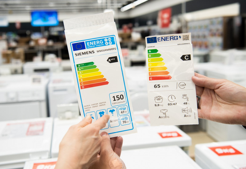 Zwei Energielabel-Aufkleber für Elektrogeräte, links mit den Klassen A+++ bis D, rechts mit den Klassen A bis G.