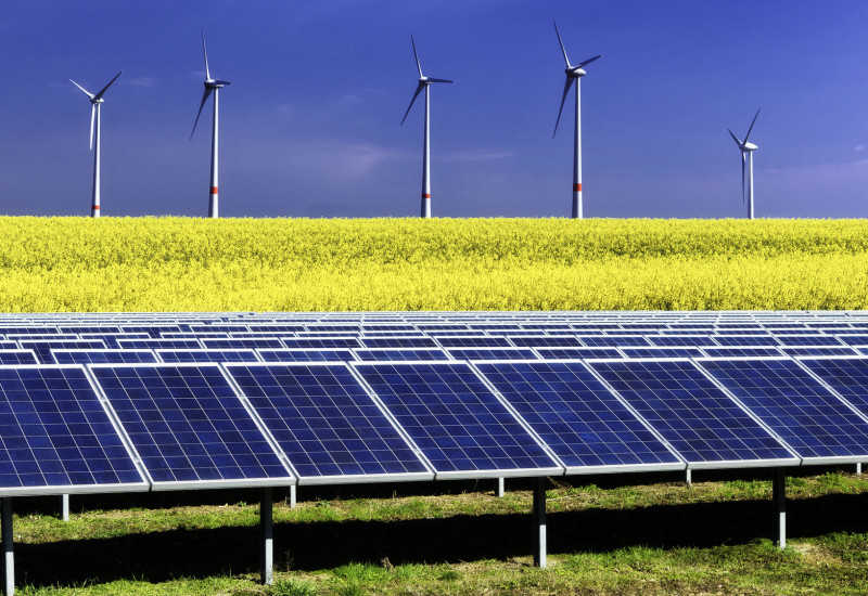 Foto einer Fotovoltaik-Anlage auf einer Wiese, dahinter ein Rapsfeld und dahinter Windkraftanlagen vor blauem Himmel
