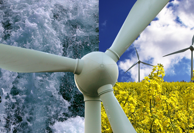 Collage: Wasserkraft, Windenergie, Rapsfeld