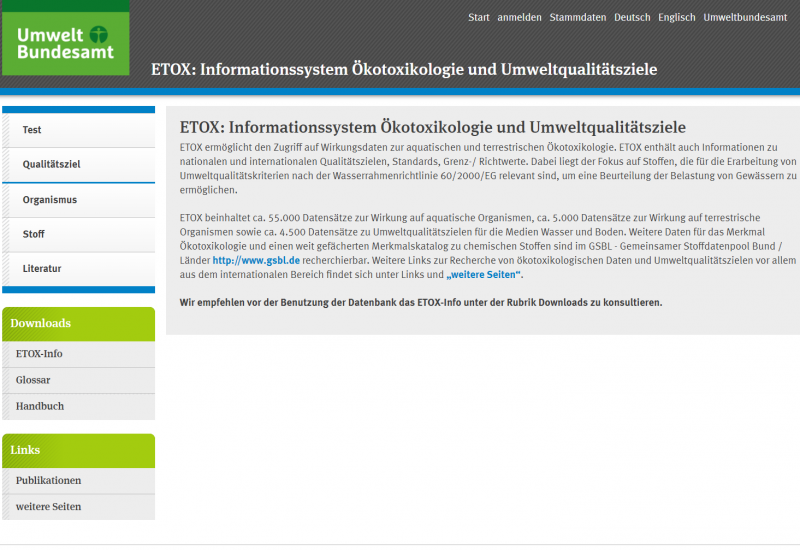 Startseite der Website ETOX zu ökotoxikologischen Daten und Qualitätsziele 