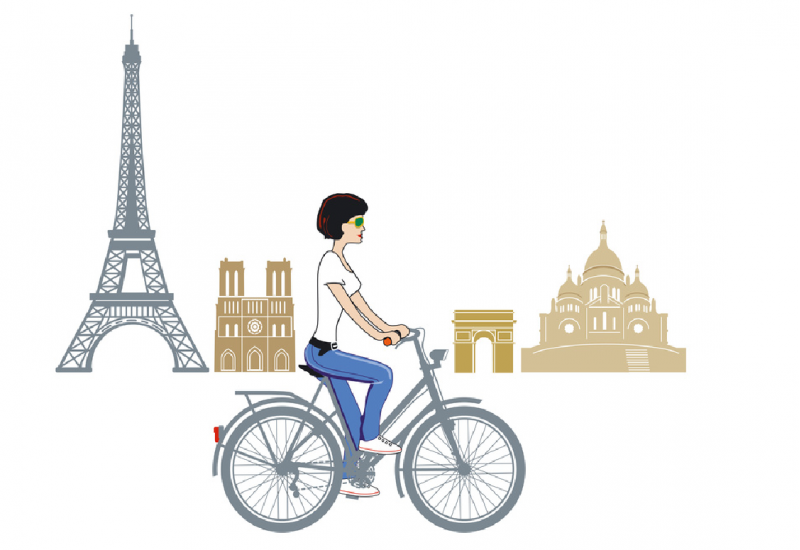 Zeichnung: eine Frau radelt auf einem Fahrrad an Pariser Sehenswürdigkeiten wie dem Eiffelturm vorbei