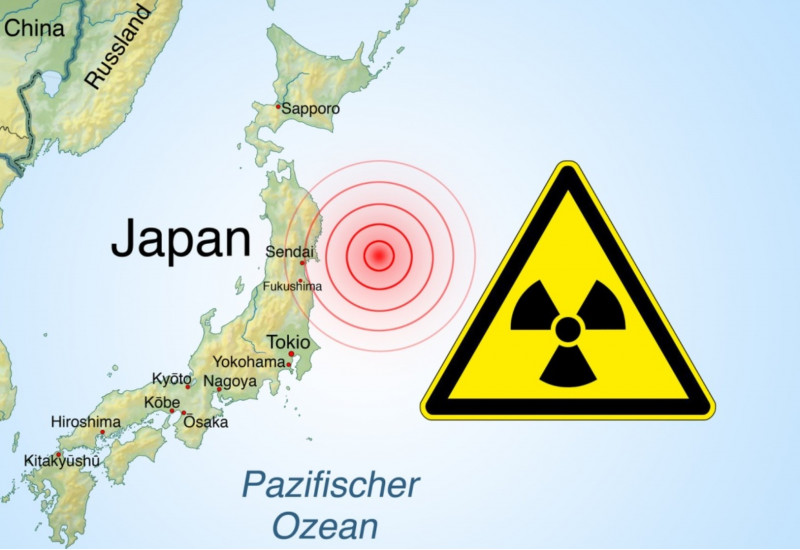 Die Landkarte zeigt Japan im Pazifischen Ozean und ein Warnsymbol für Radioaktivität