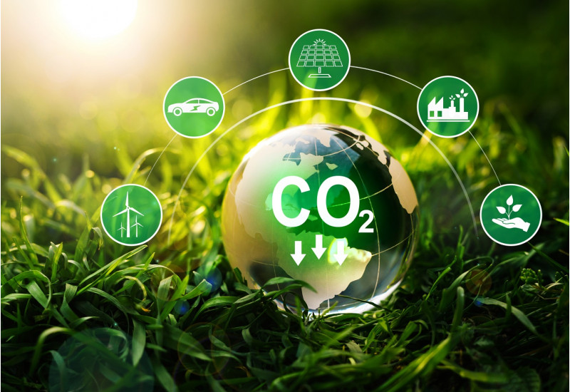 a green globe lies in green grass, inside it the word "CO2" with three arrows pointing down. Around the globe placed five icons: Wind turbines, e-car, solar plant, power plant and hand with leaves.
