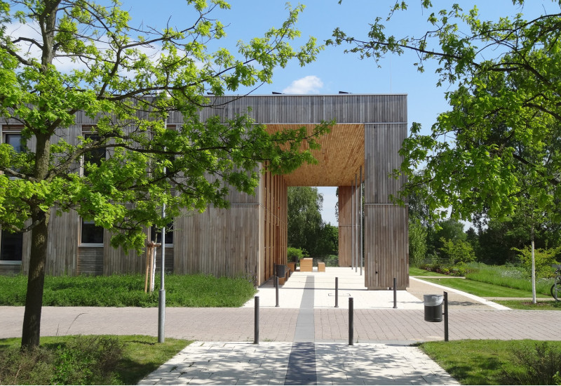 moderner Holzbau mit Flachdach im Grünen