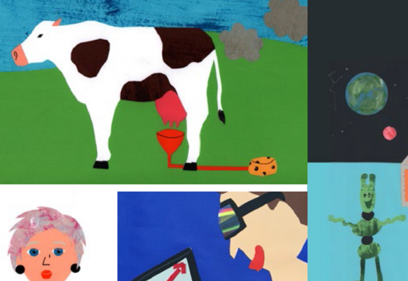 bunte, von Kindern gemalte Bilder zeigen eine Kuh, die Methan-Wolken ausstößt, grüne Marsmännchen, eine Frau und einen Jungen, der mit einer futuristischen Brille vor einem Laptop sitzt