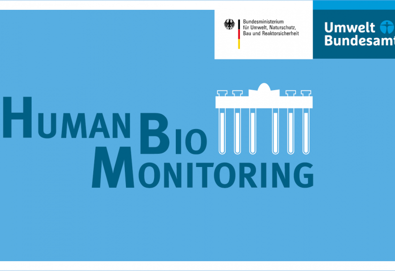 Logo: Human Bio Monitoring with a pictogram of the Brandenburger Tor and the logos of the Bundesumweltministerium and the Umweltbundesamt