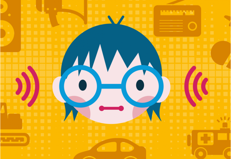 comic drawing: a head of a child, sourrounded by noisy things, like an ambulance, a radio and a loud speaker