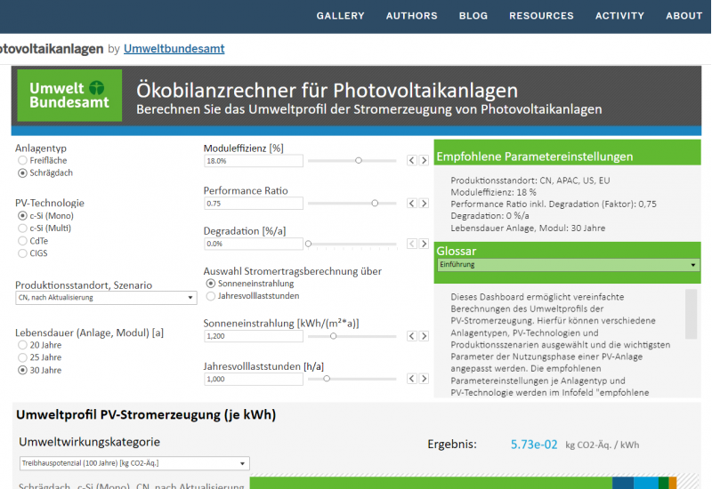 Screenshot der Startseite des Ökobilanzrechners für Photovoltaikanlagen