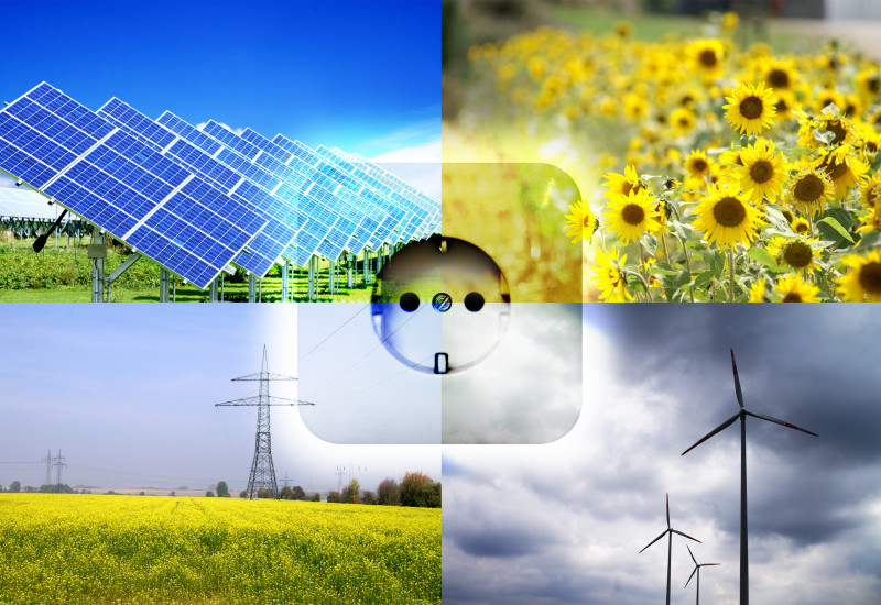 Collage: solar park, sunflower field, wind energy plants and colza field with power line, in the middle a power socket