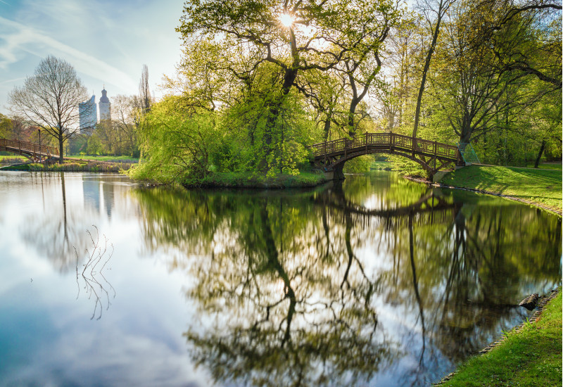 in einem Park spiegeln sich Bäume und eine Brücke in einem Teich, im Hintergrund Gebäude einer Großstadt