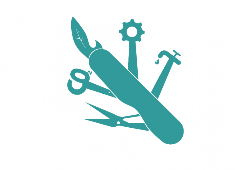 blaugrünes Piktogramm eines schweizer Taschenmessers, aus dem eine Schere, ein Blatt, ein Zahnrad, ein tropfender Wasserhahn und "CO2" als Werkzeuge herausgezogen sind