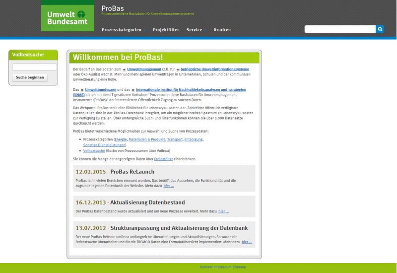 Startseite der Website für prozessoptimierte Basisdaten für Umweltmanagement-Instrumente (Probas)
