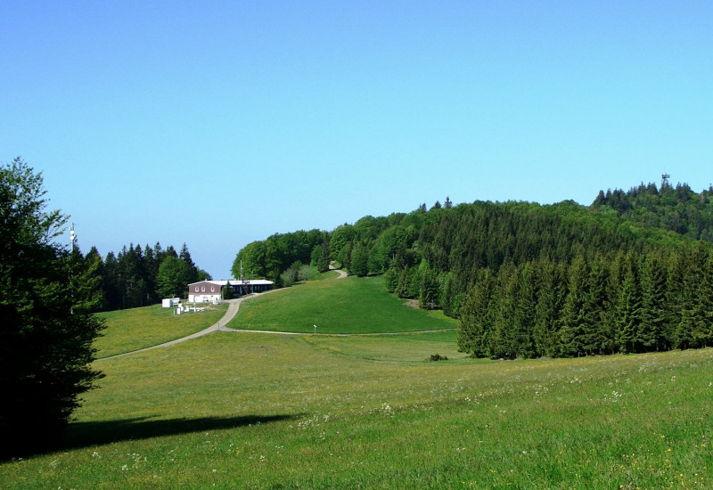 Messstationsgebäude in hügeliger Landschaft mit Wiesen und Fichtenwald