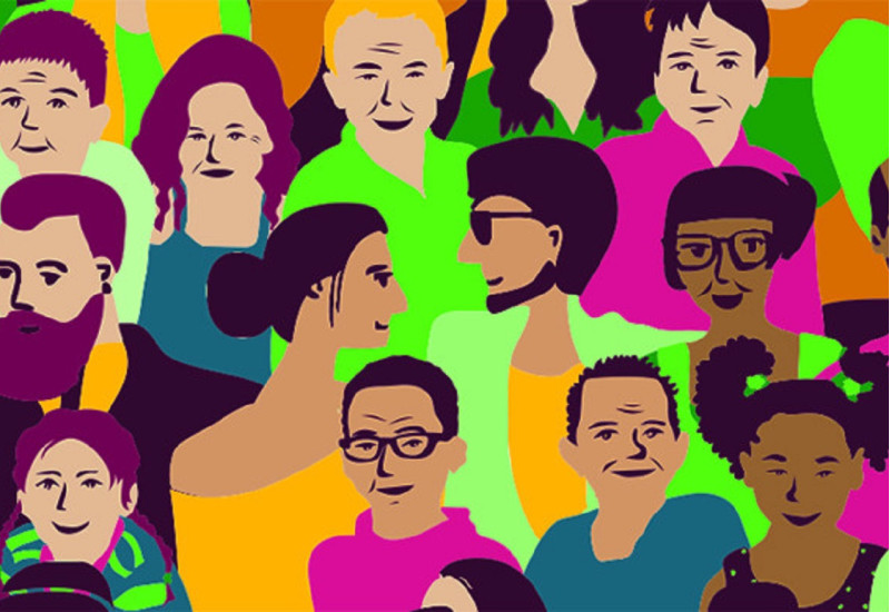 a colorful picture with many different faces