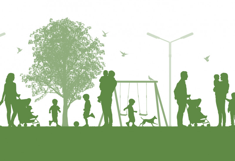 grün-weißes Piktogramm einer Grünanlage in der Stadt mit Bäumen, Spielgeräten und Familien mit Kindern