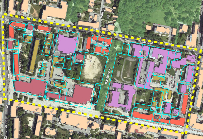 Luftbild eines Stadtquartiers, mit einem Computerprogramm wurden die Umrisse des Quartiers, der Straßen und der Gebäude nachgezeichnet