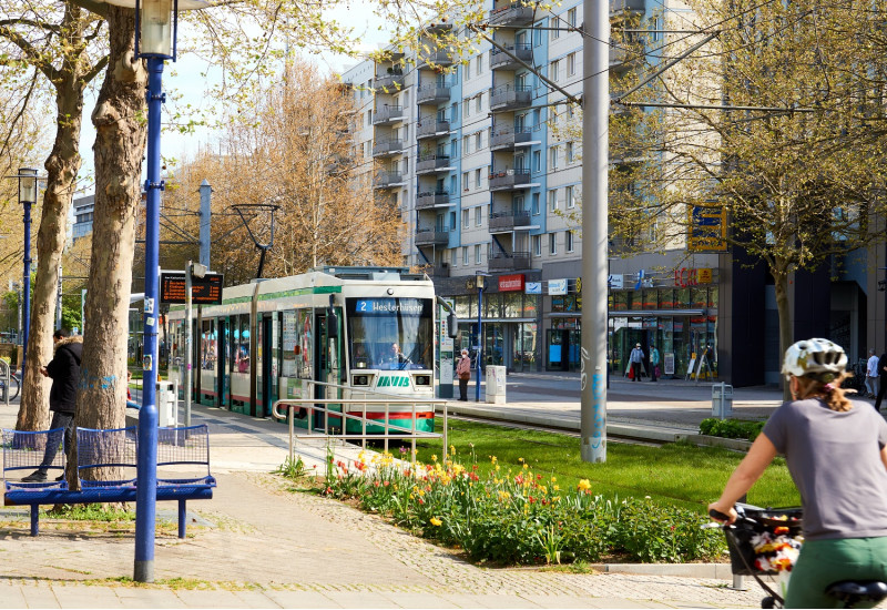 Innenstadtszene mit Blühstreifen, Straßenbahn und einer Person auf dem Fahrrad