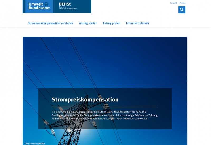 Startseite der Website Strompreiskompensation mit einem Foto einer Hochspannungsleitung