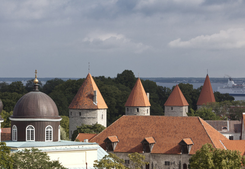 Blick auf die schöne Altstadt von Tallinn mit Türmchen und Bäumen