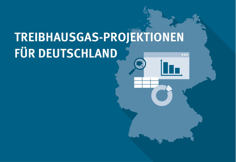Stilisierte Deutschlandkarte auf blauer Fläche, auf der symbolisch Diagramme die Datenverarbeitung im Zuge des Projektionsberichts darstellen.