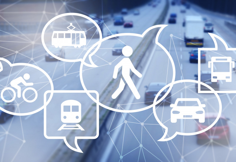 miteinander vernetzte Piktogramme von Verkehrsmitteln wie Fahrrad, Bus, Bahn und Auto sowie von einem zu Fuß gehenden Menschen