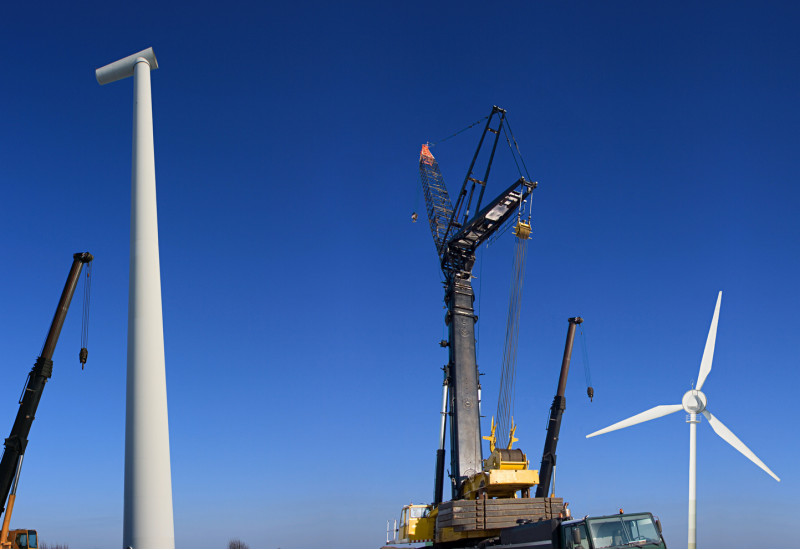 eine Windenergieanlage wird mit einem Kran abgebaut