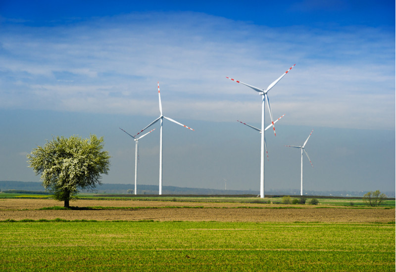 Windräder in einer weiten Feldlandschaft