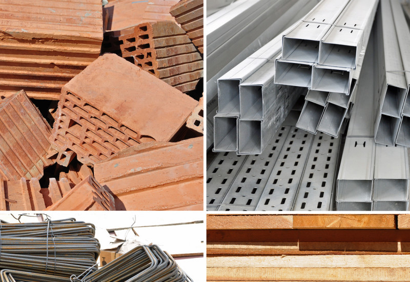 Vier verschiede Bauprodukte in einer Collage: Ziegel, Holzlatten, Stahlträger
