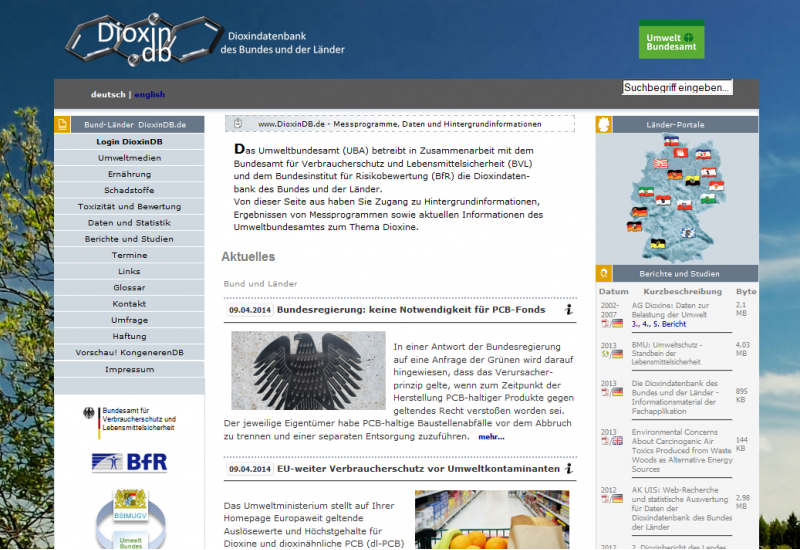 Startseite der Website der Dioxindatenbank des Bundes und der Länder
