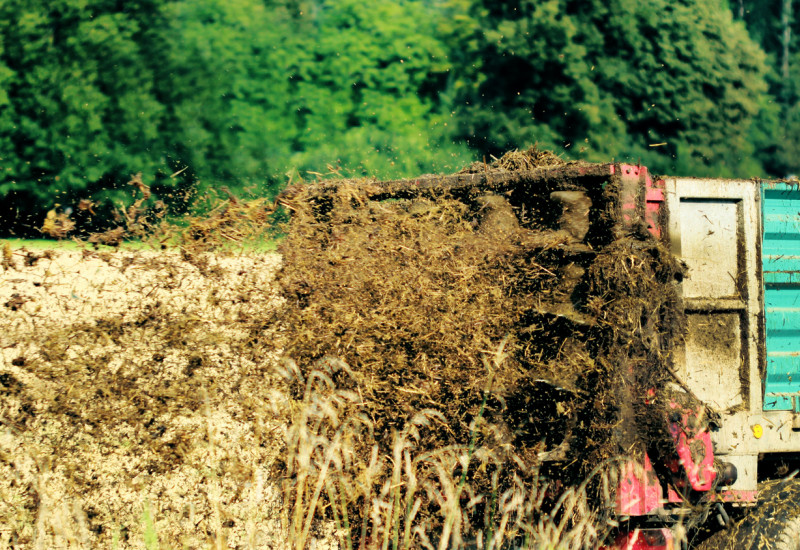 Miststreuer verteilt Kompost auf einem Feld