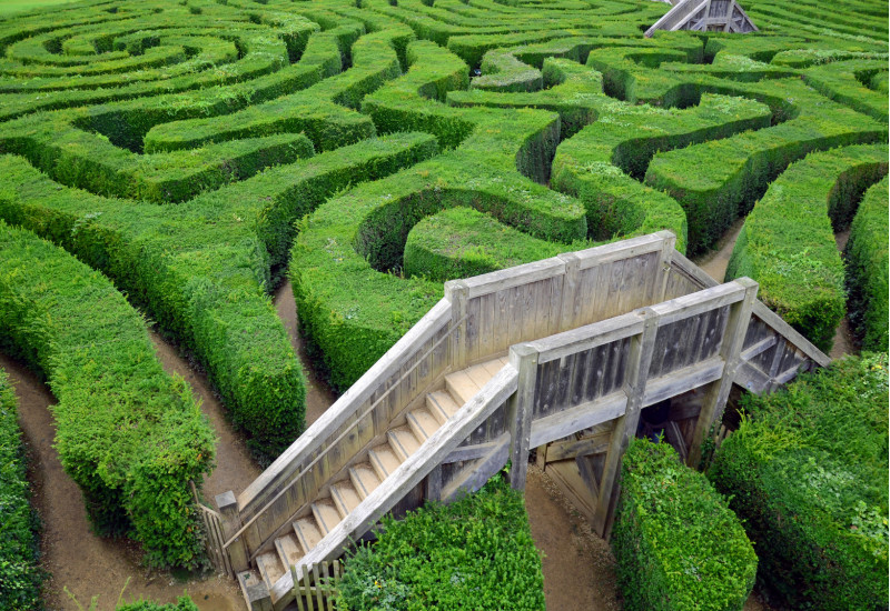 grünes Labyrinth mit Aussichtsplattform und Treppe aus Holz
