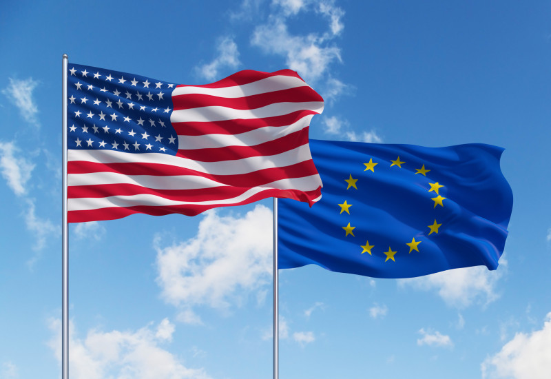 flag of the European Union and flag of the USA