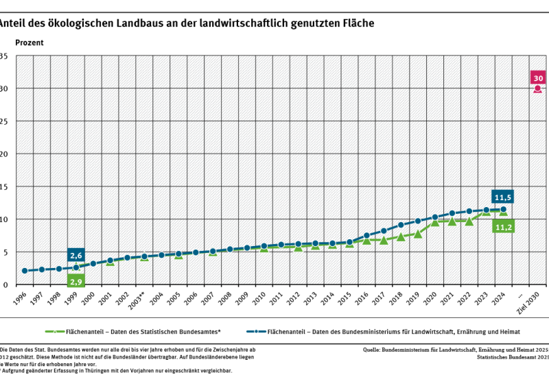 Ein Diagramm zeigt den Anstieg des prozentualen Anteils der Ökolandbauflächen an der gesamten landwirtschaftlichen Fläche, basierend auf Daten des Statistischen Bundesamtes und des BMLEH. Es zeigt außerdem das 30 Prozent-Ziel der Bundesregierung.