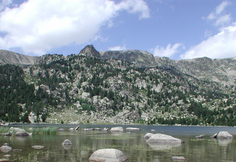 Ein See umgeben von Bergen mit klarem Wasser