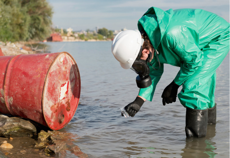 A red barrel lies in a river and is examined by a person in a green protective suit.