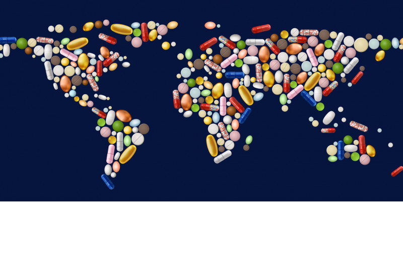 Eine Weltkarte mit Pillen.