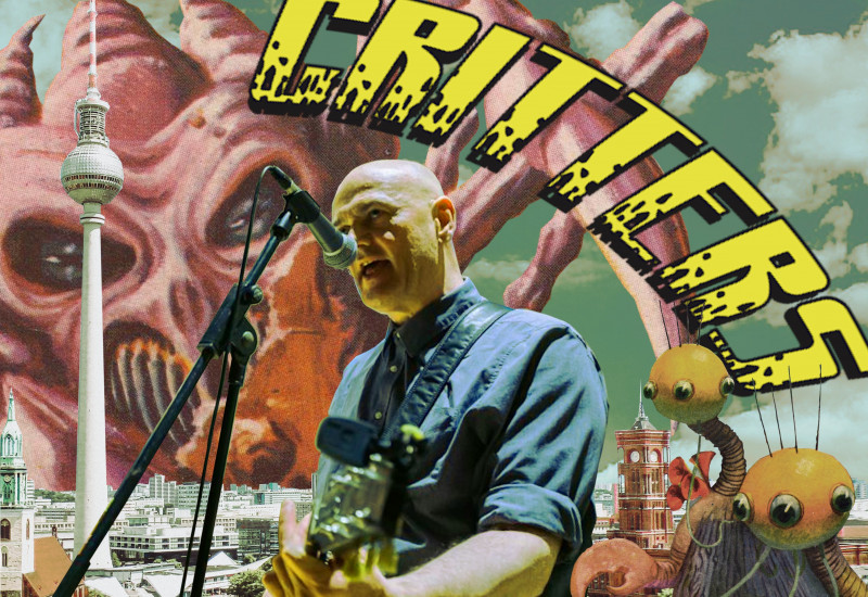 Collage, Mann mit Gitarre vor der Berliner Skyline, dazu gezeichnete Figuren
