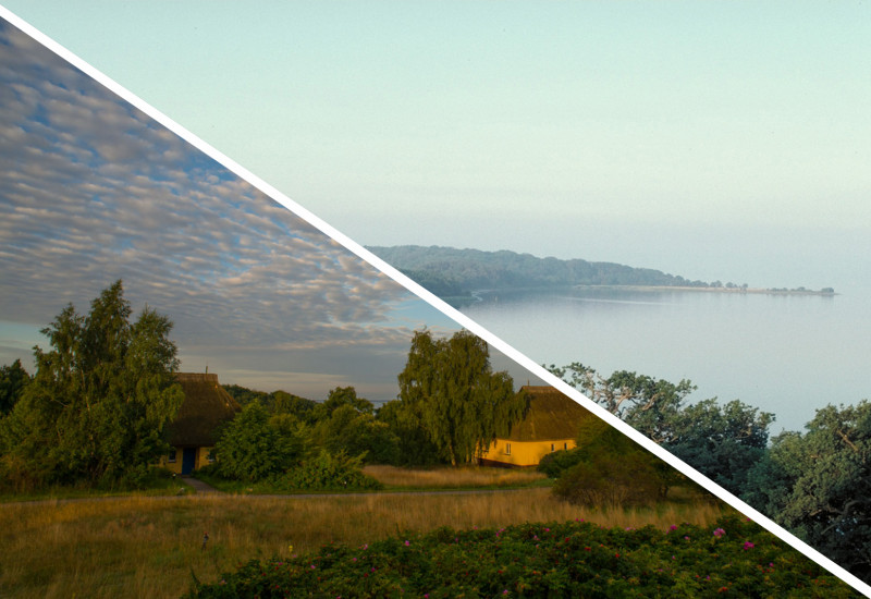 Zwei Fotos in einer Collage: Küste von Vilm und kleines Landstück mit Häusern