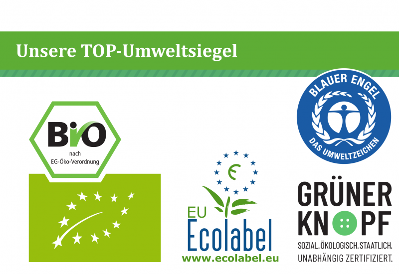 Logos von fünf besonders hilfreichen Siegeln: EU-Energielabel, Bio-Siegel, Blauer Engel, EU Ecolabel und Grüner Knopf.