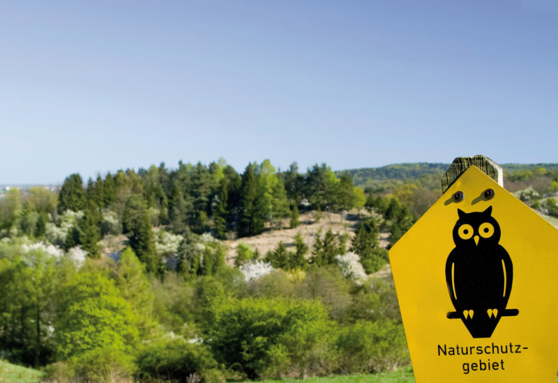 The picture shows a sign commonly used in the eastern states of Germany to indicate a nature reserve. The sign depicts the outline of a black owl against a yellow background. The sign is located on the edge of a meadow. A partly wooded hill rises behind the sign.