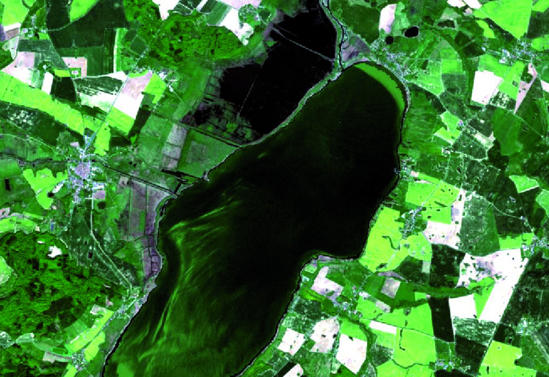 The picture shows an aerial view of a lake. Its surface is coloured a luminous green in places, owing to spring algal bloom. There are agricultural fields visible in the lake’s vicinity.