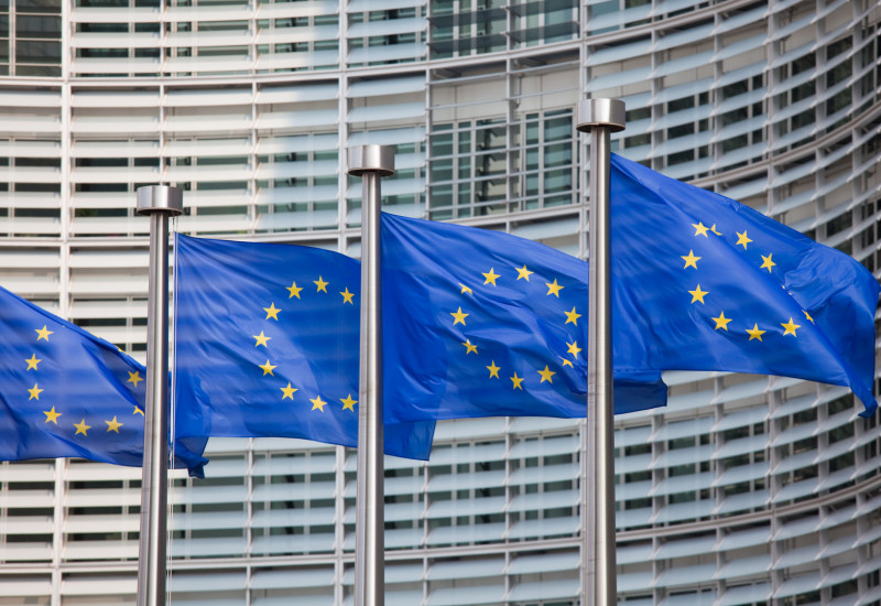 Europaflaggen wehen im Wind vor einem Regierungsgebäude