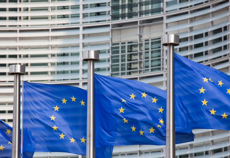 Europaflaggen wehen im Wind vor einem Regierungsgebäude