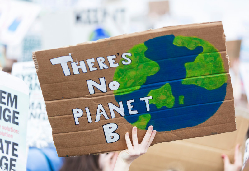 Bild zeigt im Mittelpunkt ein Pappschild  auf welchem "There's no Planet B" geschrieben steht. Im Hintergrund sieht man weitere Protestschilder.