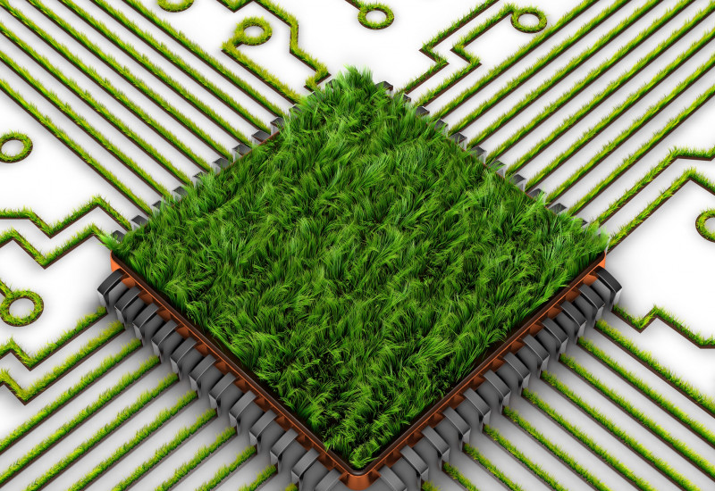 Computer-Platine, die mit Gras begrünt ist; die Vernetzungen, die zu der Platine hinlaufen, sind ebenfalls begrünt; einige Stränge enden im Bild 
