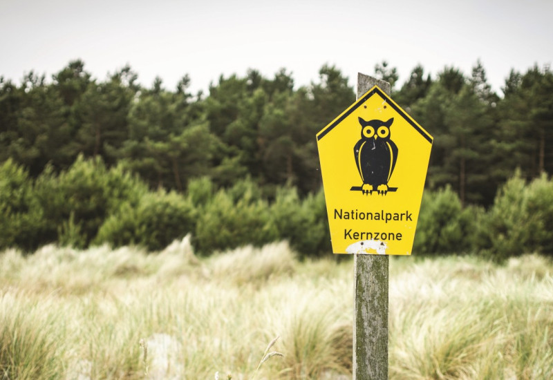 The picture shows the sign for the designation of a national park core zone, which is common in the East German Länder. It shows an owl. The sign stands in a steppe lawn, with a forest bordering it in the background. 