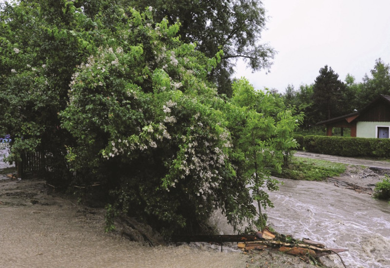 The picture shows a housing estate with a single-family house. A mudslide is pouring over the street in front of it.